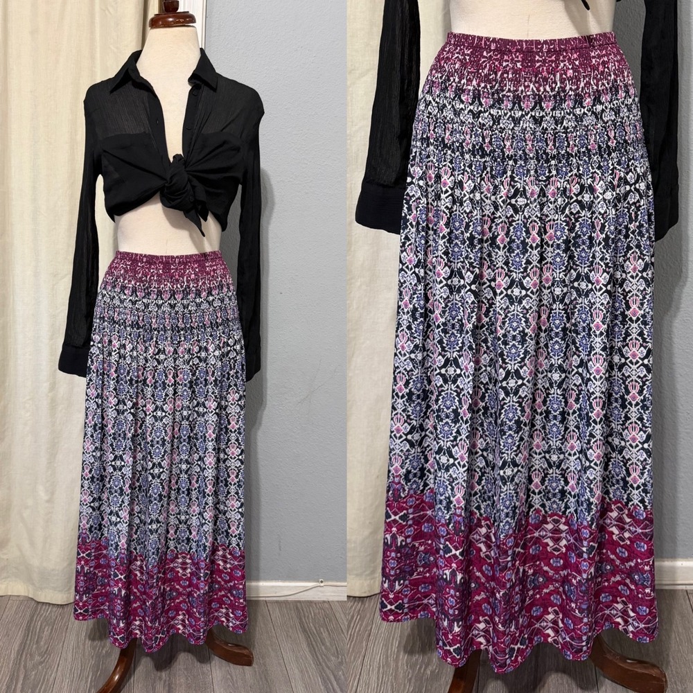 J. Jill Maxi Skirt 4X Purple Geometric Tile Print Smocked Waist Boho Flowy
